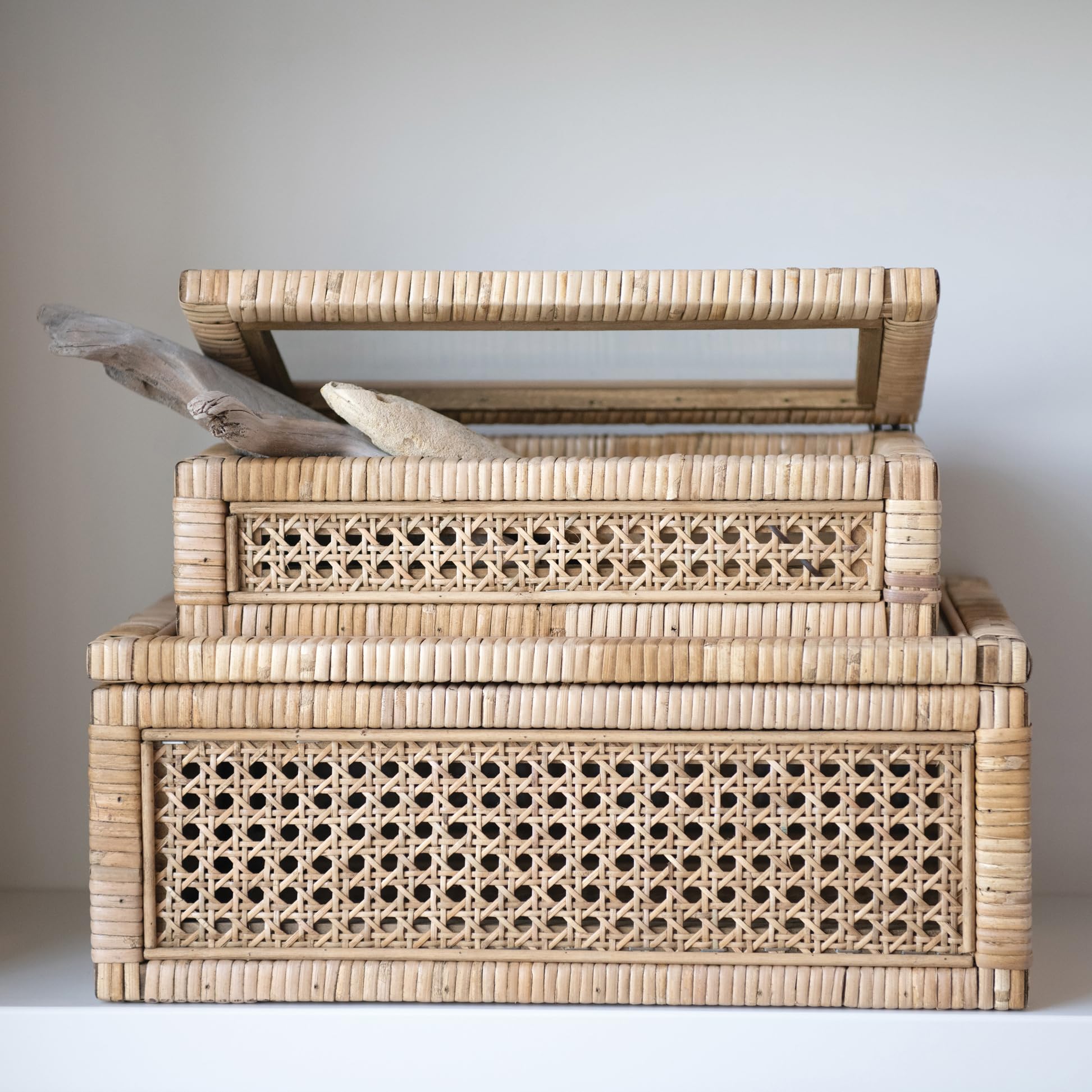 Modern Decorative Rectangle Woven Rattan and Wood Display Boxes