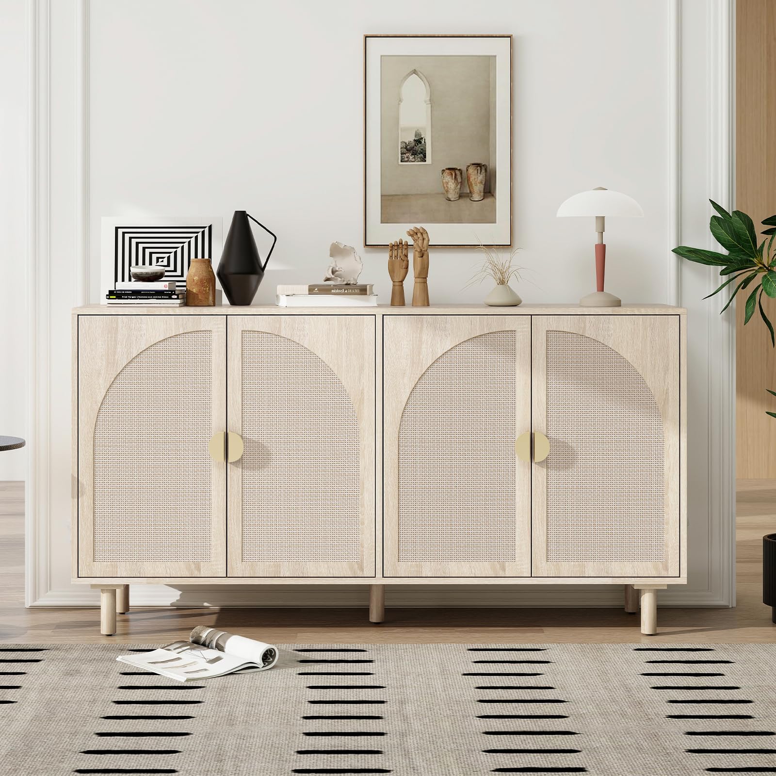 Sideboard Buffet Cabinet with Storage - Rattan Buffet 4 Door Cabinet