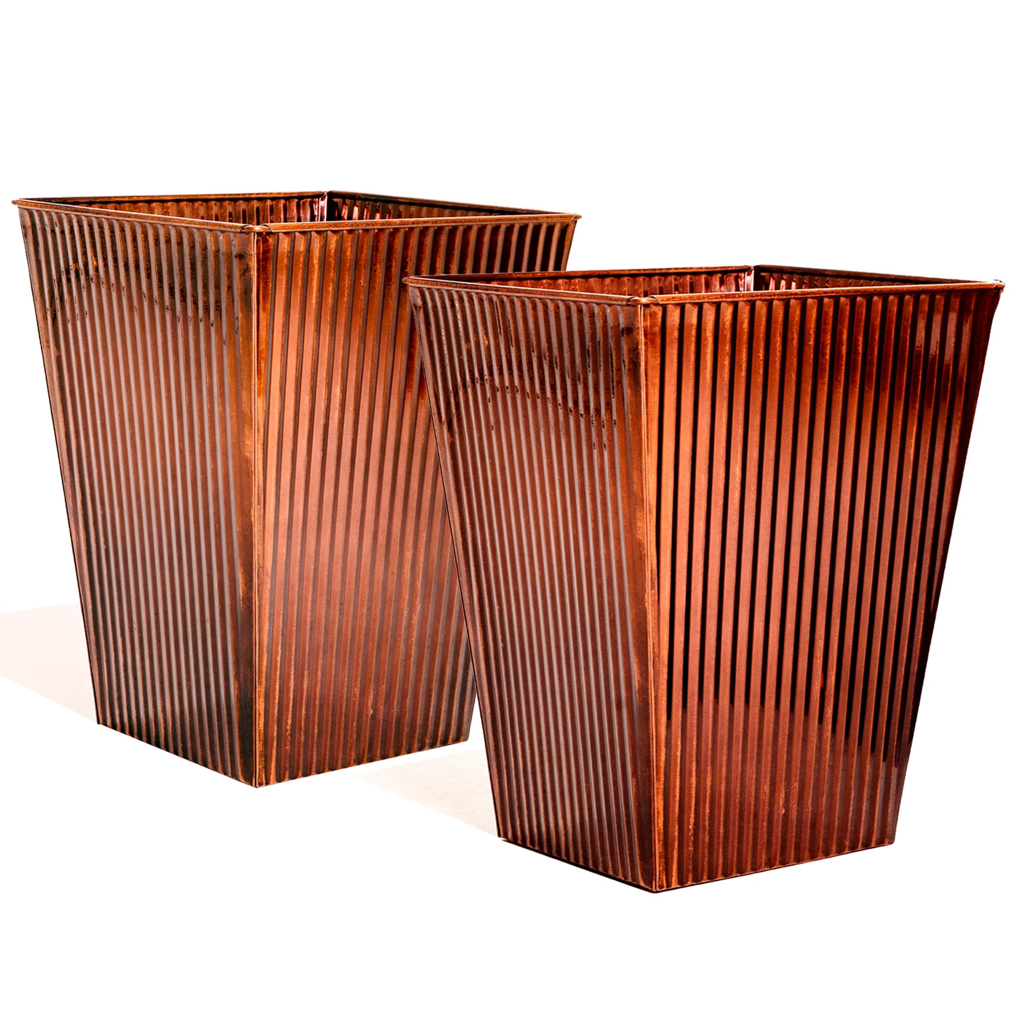 18in Vintage Handmade Metal Vertical Lines Copper Tapered Planters Set of 2