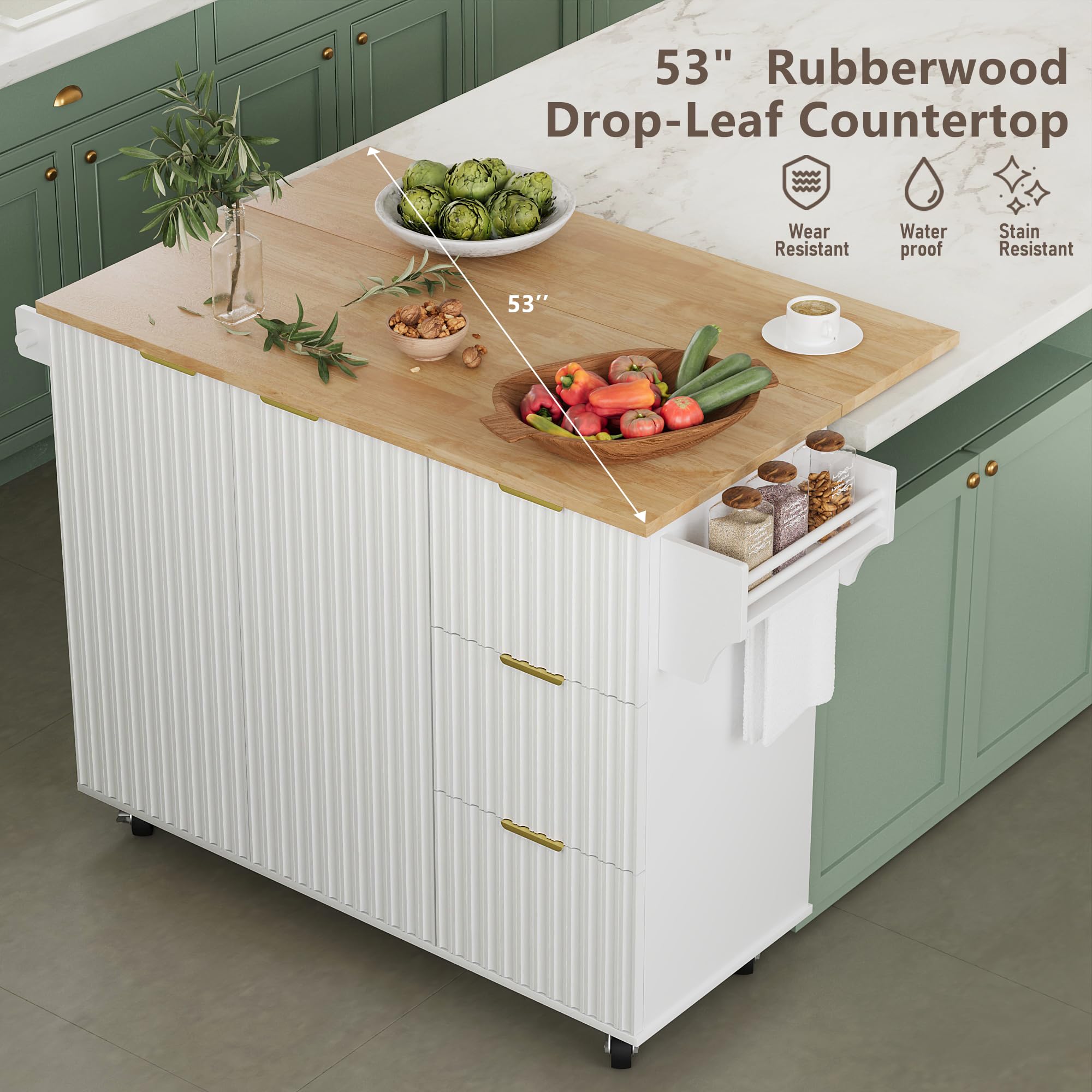 win2win Rolling Kitchen Island with Storage, Portable Kitchen Island with Drop Leaf Breakfast Bar, Modern Farmhouse Bar Cart on Wheels with Fluted Design, Towel Rack, Spice Rack, White