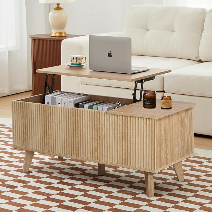 Wooden Fluted Lift Top Coffee Table with Hidden Compartment, Modern Rectangle Center