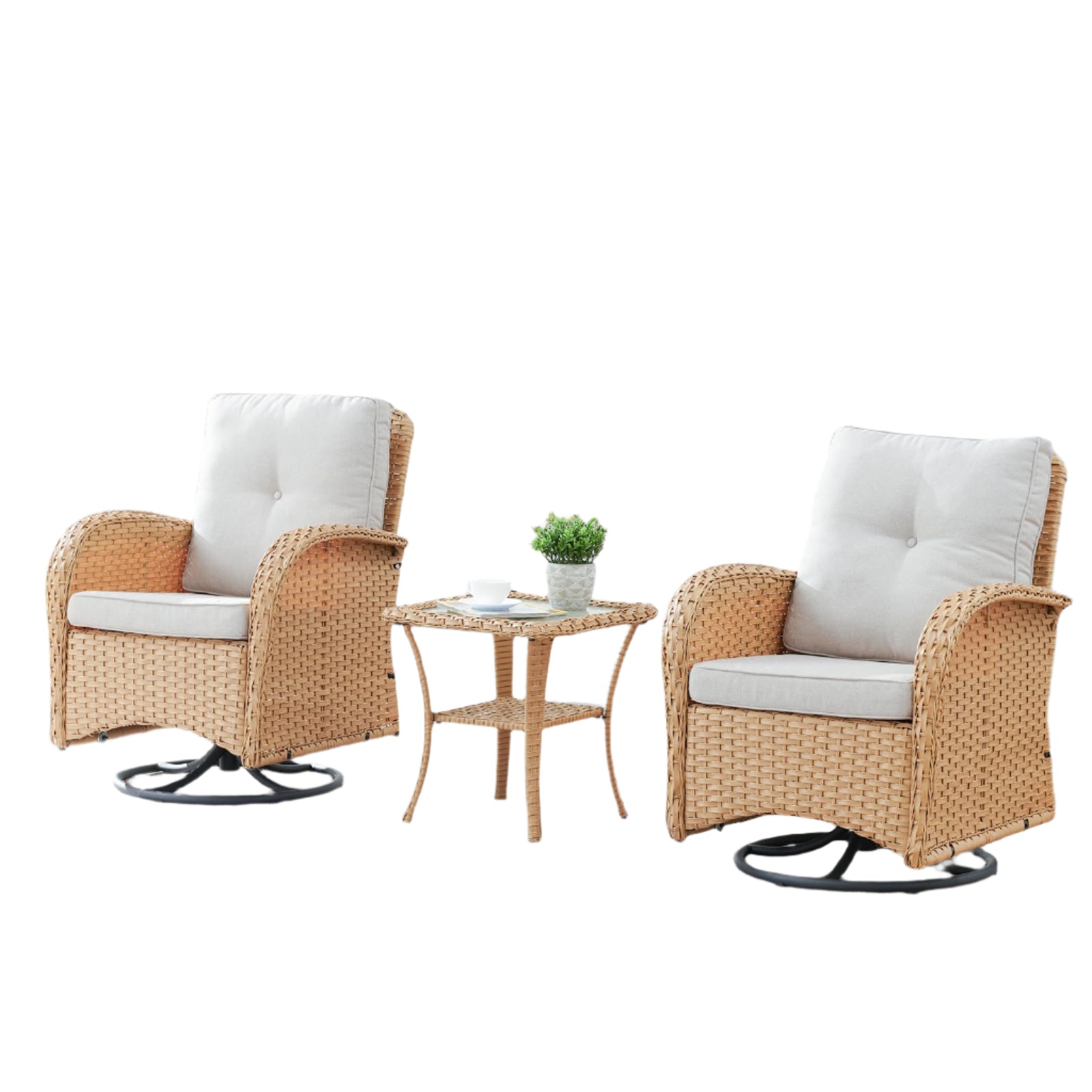 Wicker Swivel Rocker Patio Chairs, Outdoor Swivel Rocking Chairs Set of 2 with Side Table
