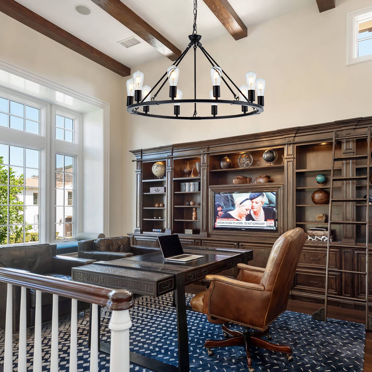 Black Farmhouse Wagon Wheel Chandelier 10-Light 31.5'' Vintage Industrial