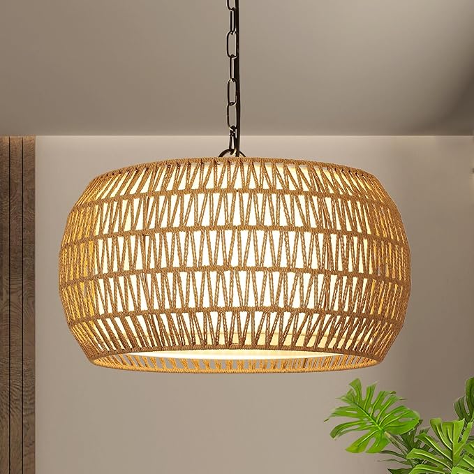 Farmhouse Chandelier Light Fixtures，5-Lights Rattan Dining Room Light Fixture