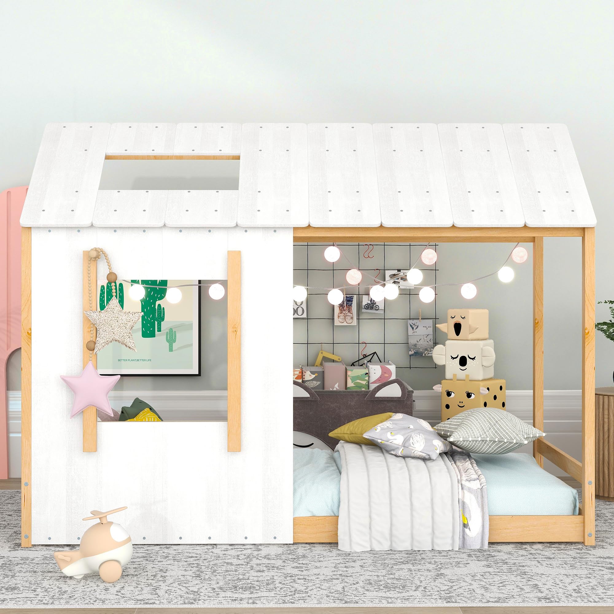 Bed Frame, Twin Size House Floor Bed Frame with Headboard, Roof and Window,