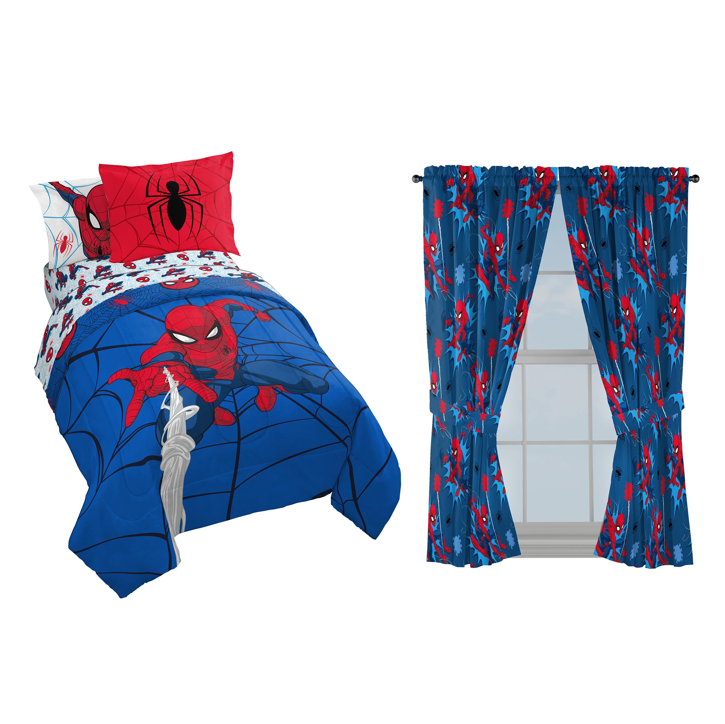 Spiderman Webtastic Twin Bed Set and Spidey Daze Drapes Bundle
