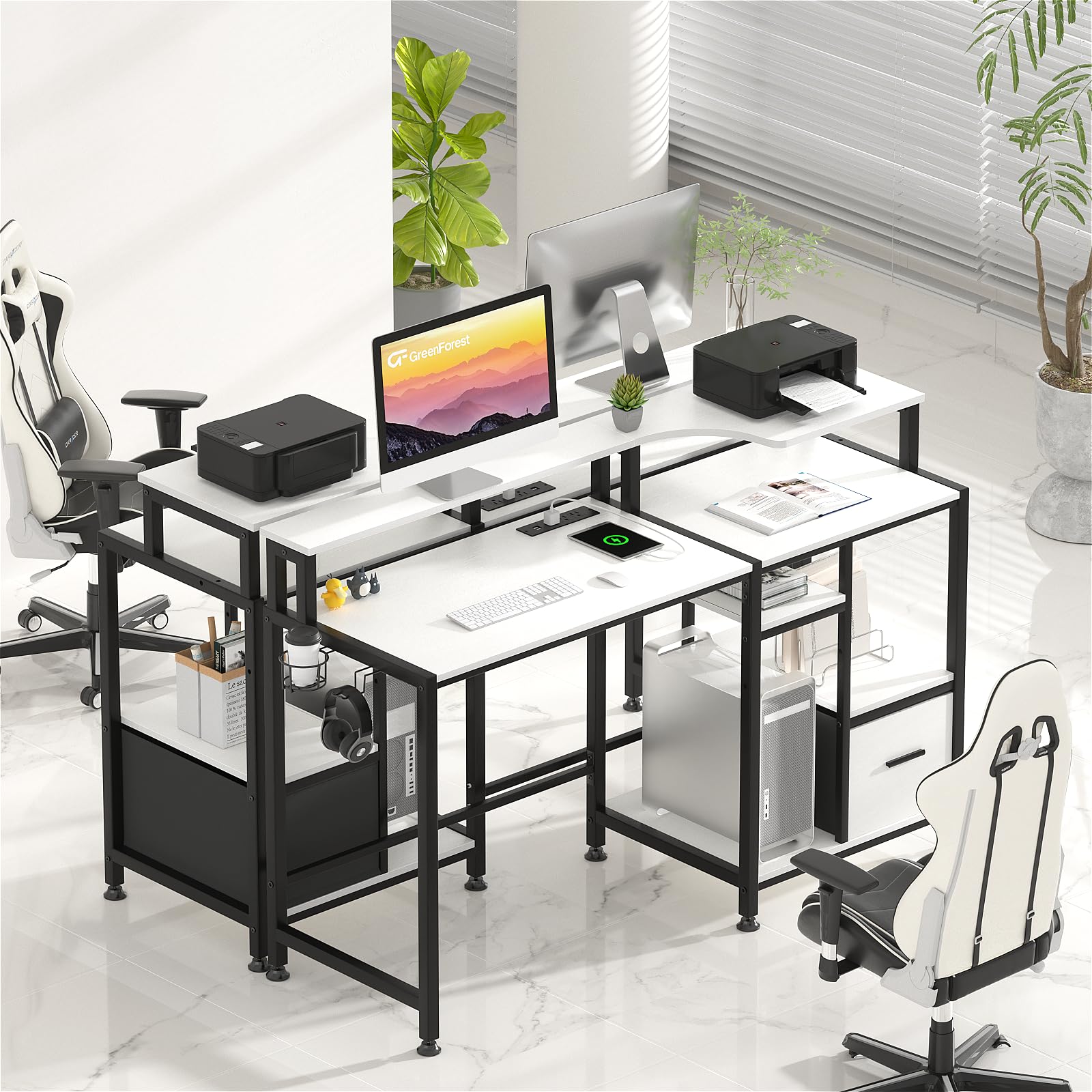 Small Desks with Drawers and Power Outlet, 55 inch Office Desk