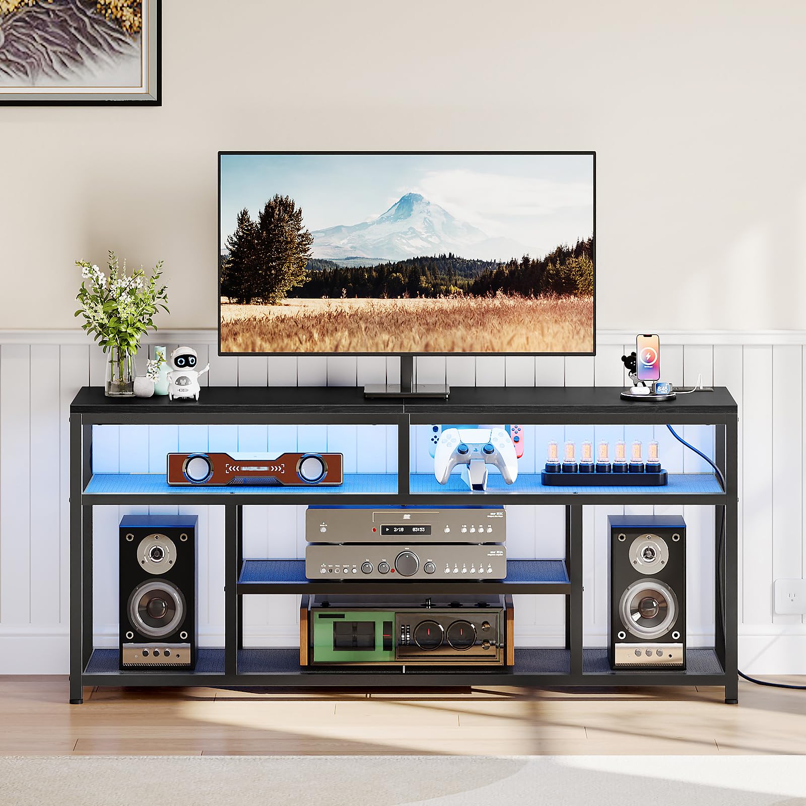 LED TV Stand with Charging Station, 4-Tier Entertainment Gaming Center,living room