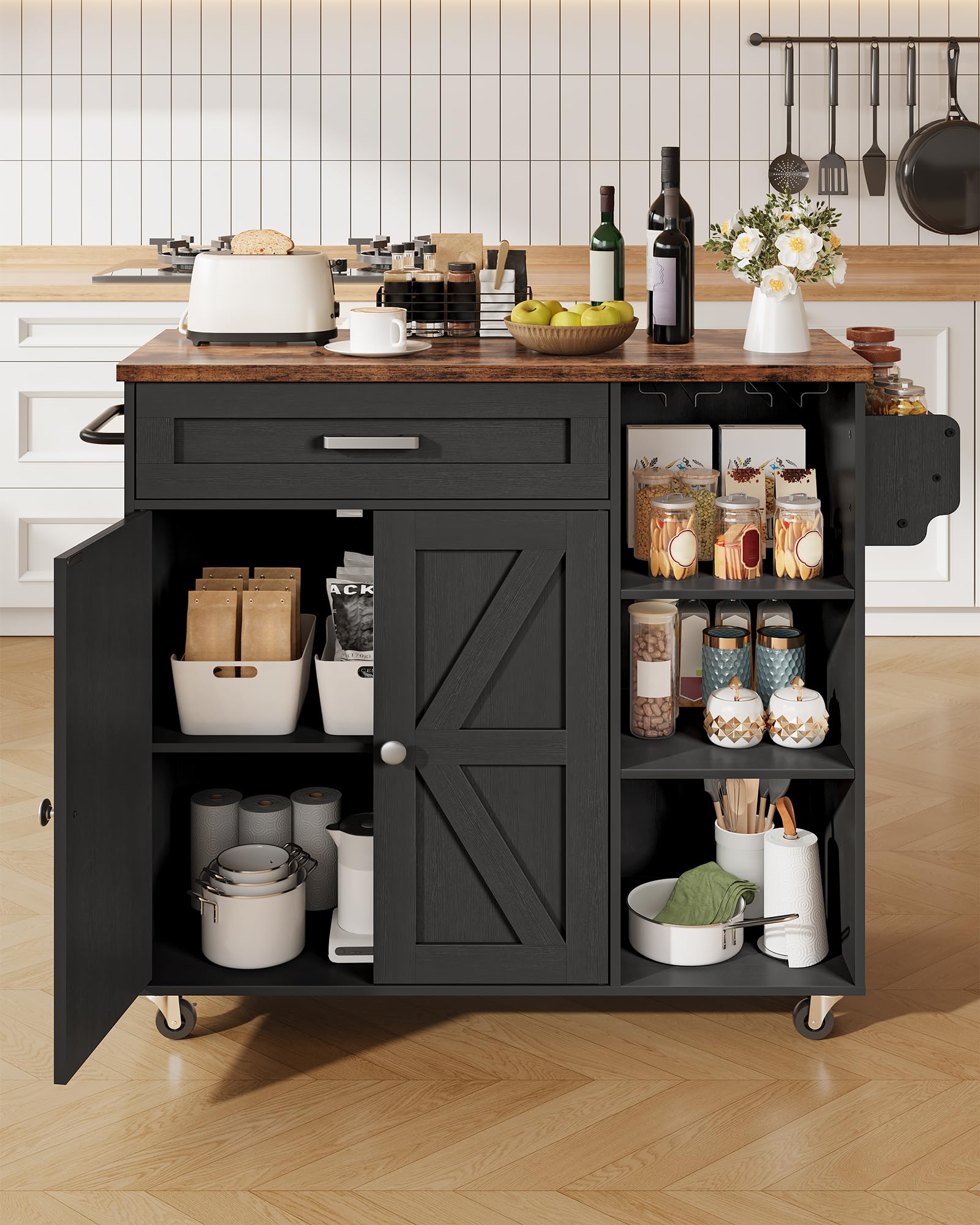 Kitchen Island Trolley with Power Outlet, Spice Rack, Rolling Storage Cart with Drawer