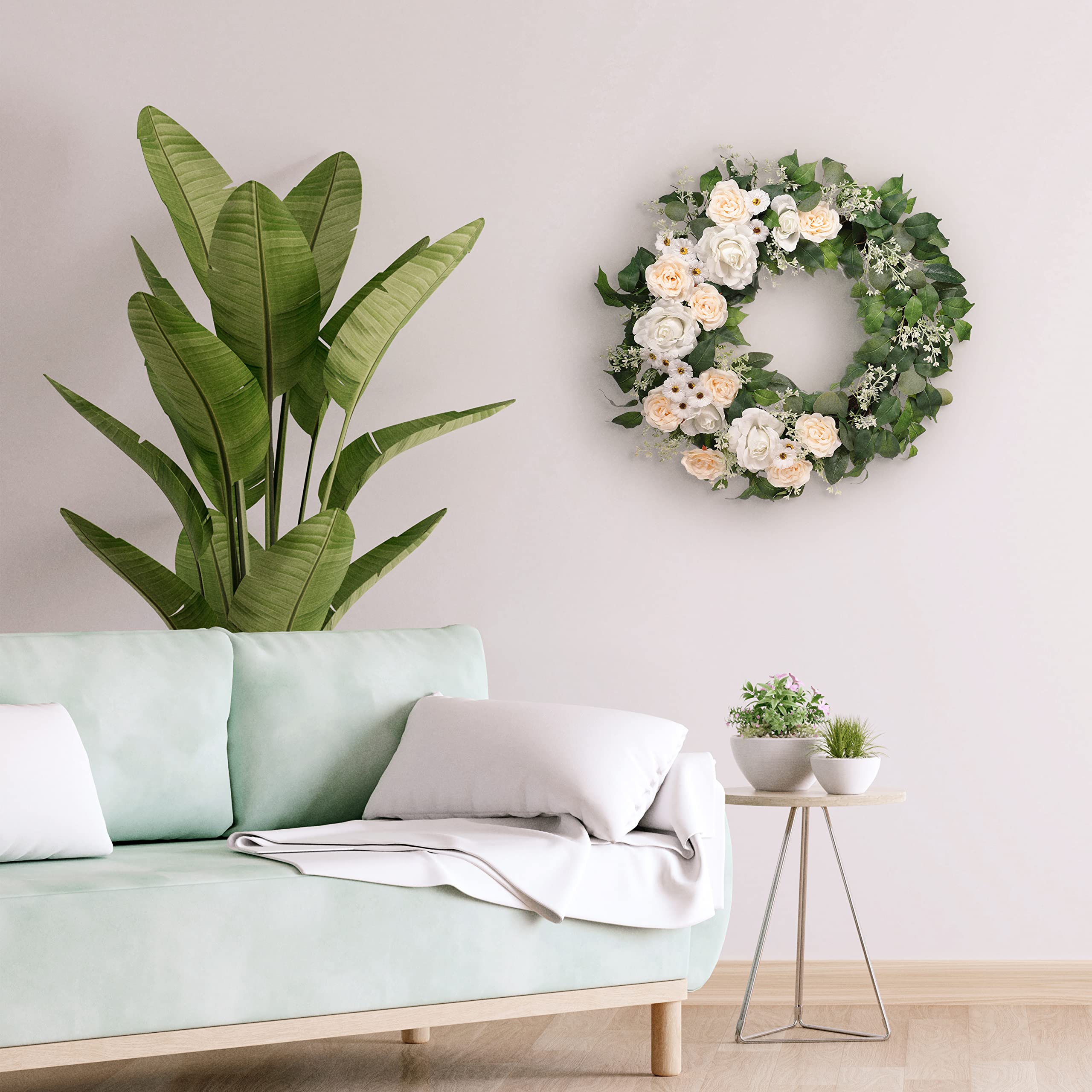 30" Artificial Rose,Camellia,babysbreath Floral Spring Wreath with Green Leaves