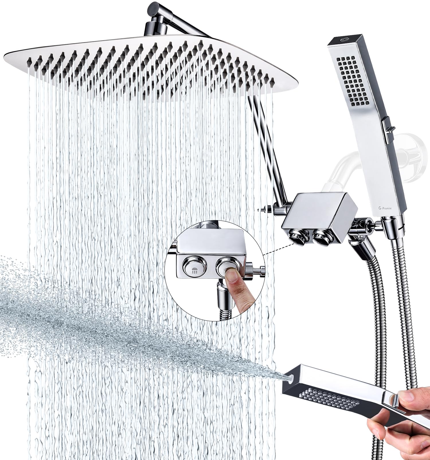 G-Promise All Metal 12 Inch Shower Head with Handheld Spray Combo，Rain Shower Head with Handheld Built-in Power Wash Mode, Adjustable Extension Arm with 4-Mode Diverter, 71 Inch Extra Long Hose
