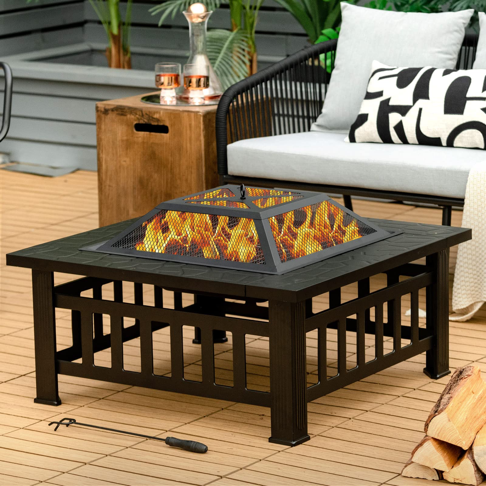 32" Outdoor Fire Pit, 3 in 1 Square Wood Burning Fire Table, Multifunctional Firepit