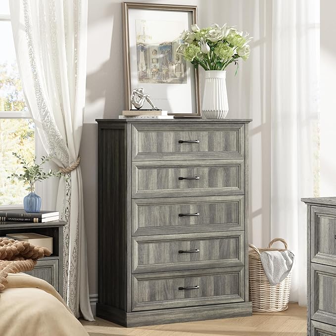 5 Drawers Dresser for Bedroom, 44" Tall Brown dresser Wood Rustic Chest