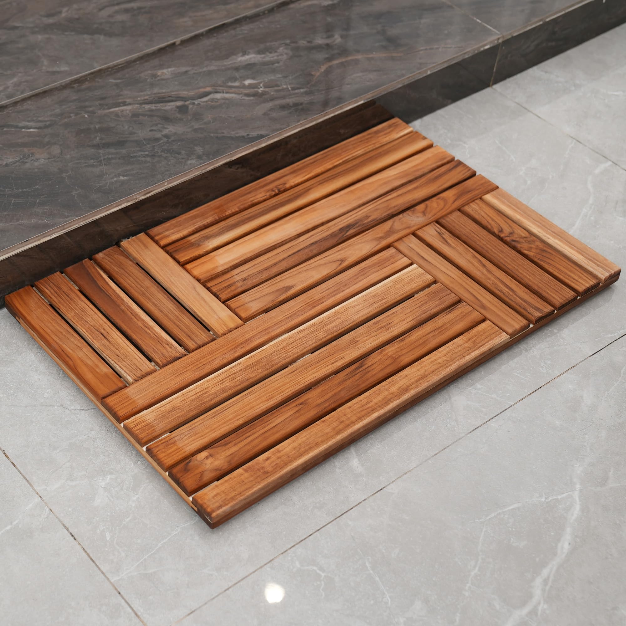 Teak Wood Bath Mat, 32 x 20 inch Large Wooden Shower Mat for Bathroom