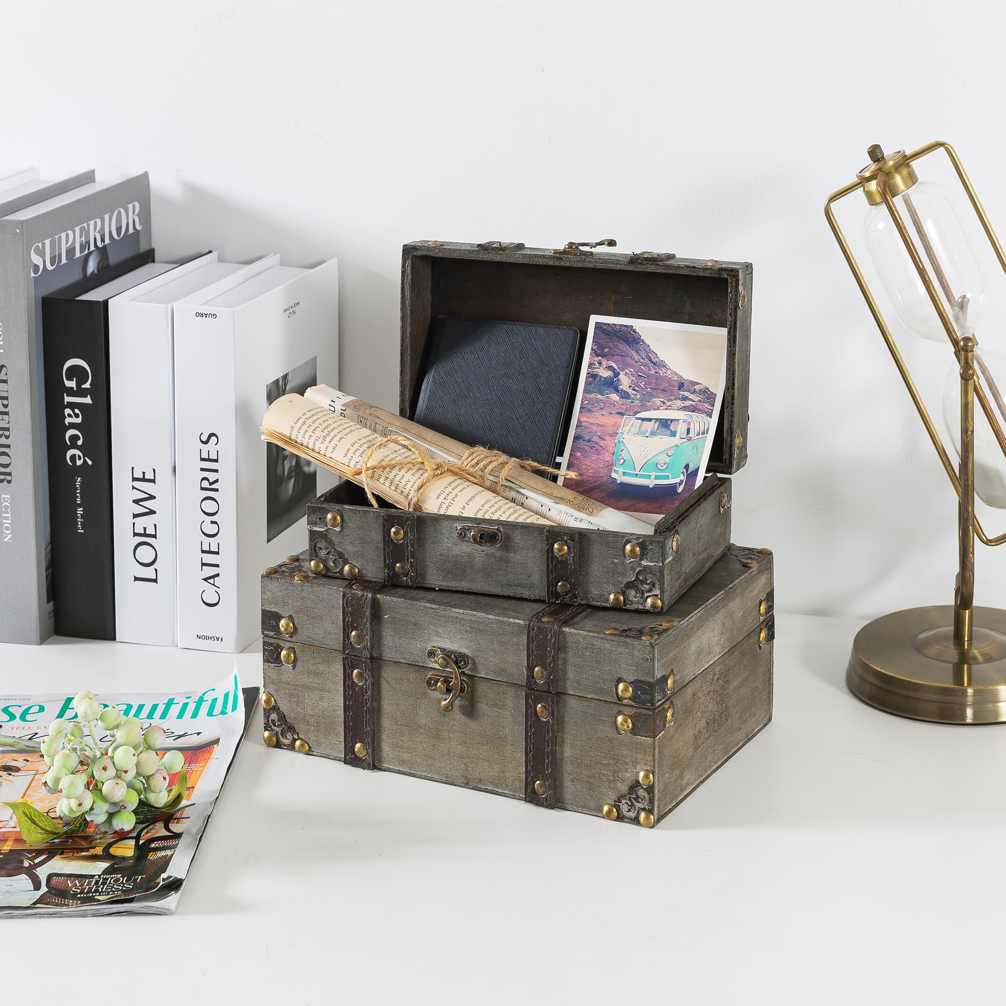 Soul & Lane Westminster Wood Decorative Storage Trunks - Set of 2, Small Wooden Boxes with Hinged Lids, Vintage Suitcases for Keepsakes and Home Décor, Antique Rustic Luggage Chests