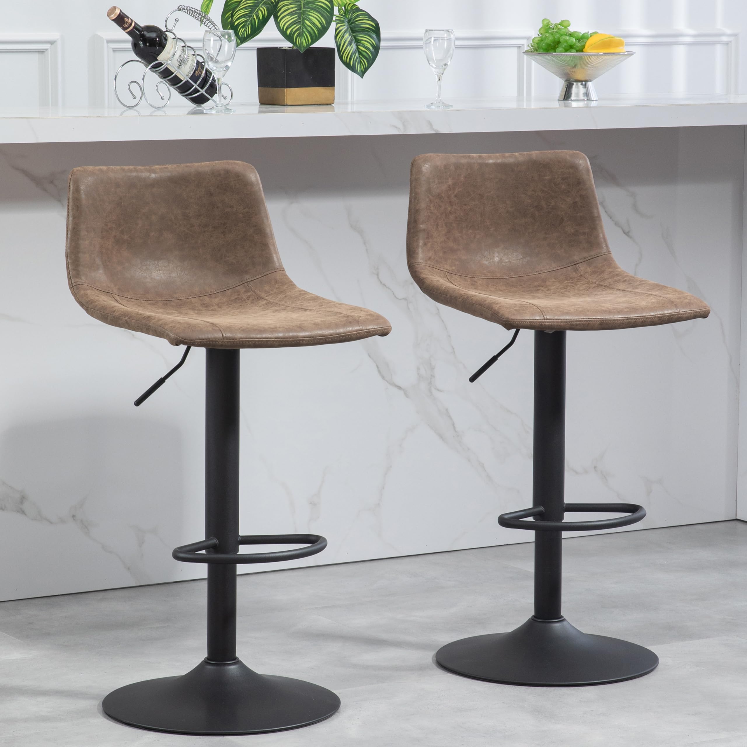 Finnhomy Bar Stools Set of 2 Counter Height, Swivel Barstools with Footrest and L Shape Back, Height Adjustable Modern Bar Chairs, Vintage Leather, Retro Brown