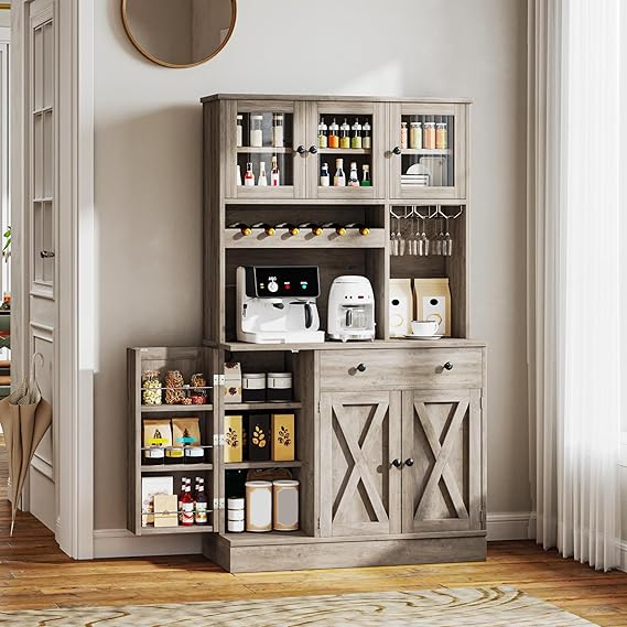 71''H Kitchen Pantry Cabinet, Tall Cabinet with Drawer, Doors, Goblet Holder