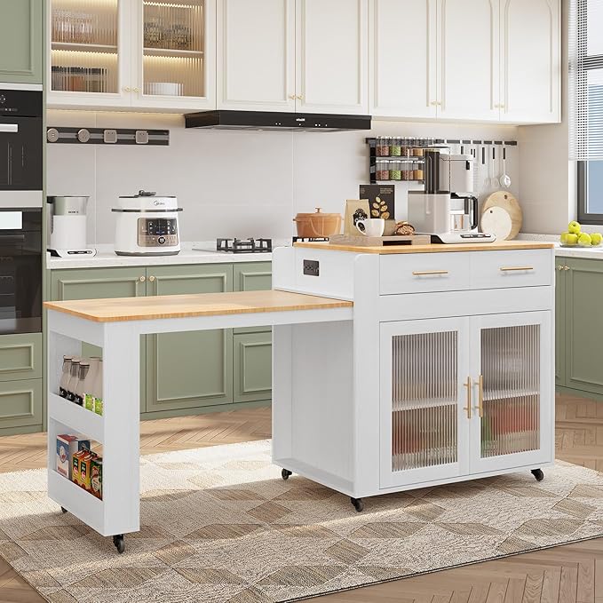 Island with Extendable Dining Table, Marble Grain Top Kitchen Island with Power