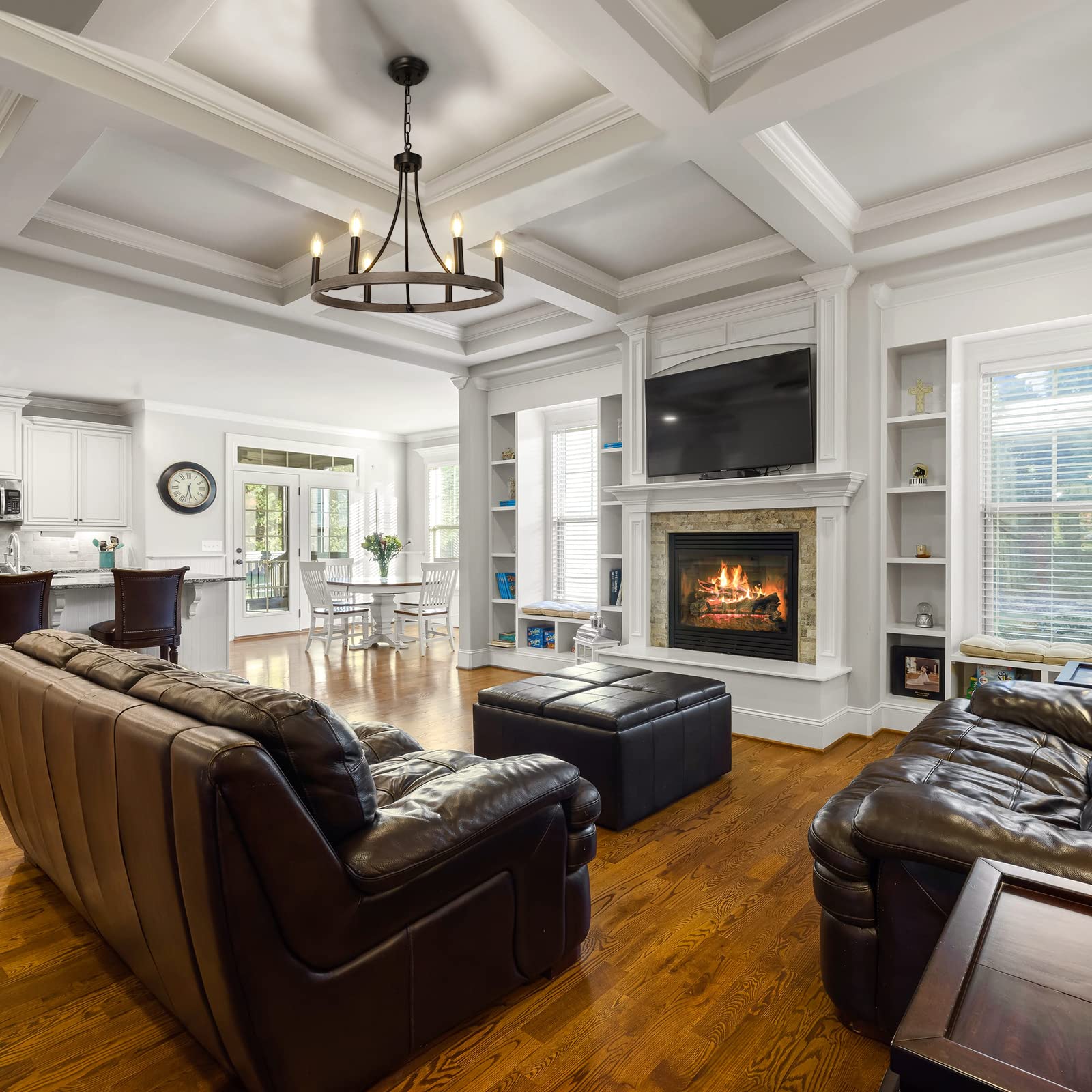 20'' Wagon Wheel Chandelier, 6 Lights Round Farmhouse Chandelier Rustic Faux Wood