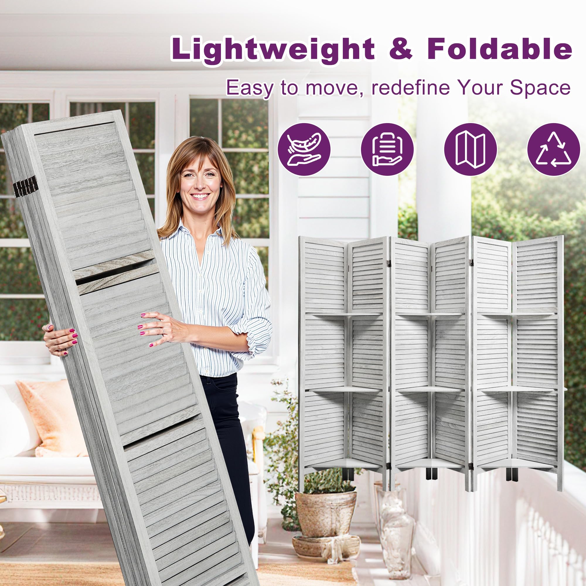 Osparple Room Divider with Shelves, 5.6FT Folding Room Divider Panel and Privacy Screen, 6 Panel Partition Wall Divider for Room Separation, White