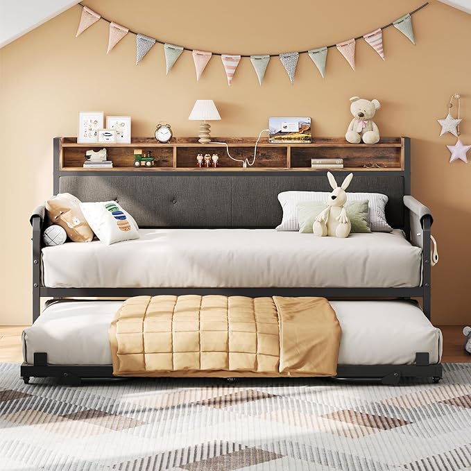 Daybed with Trundle, Twin Bed Frame with Upholstered Headboard and Charging Station