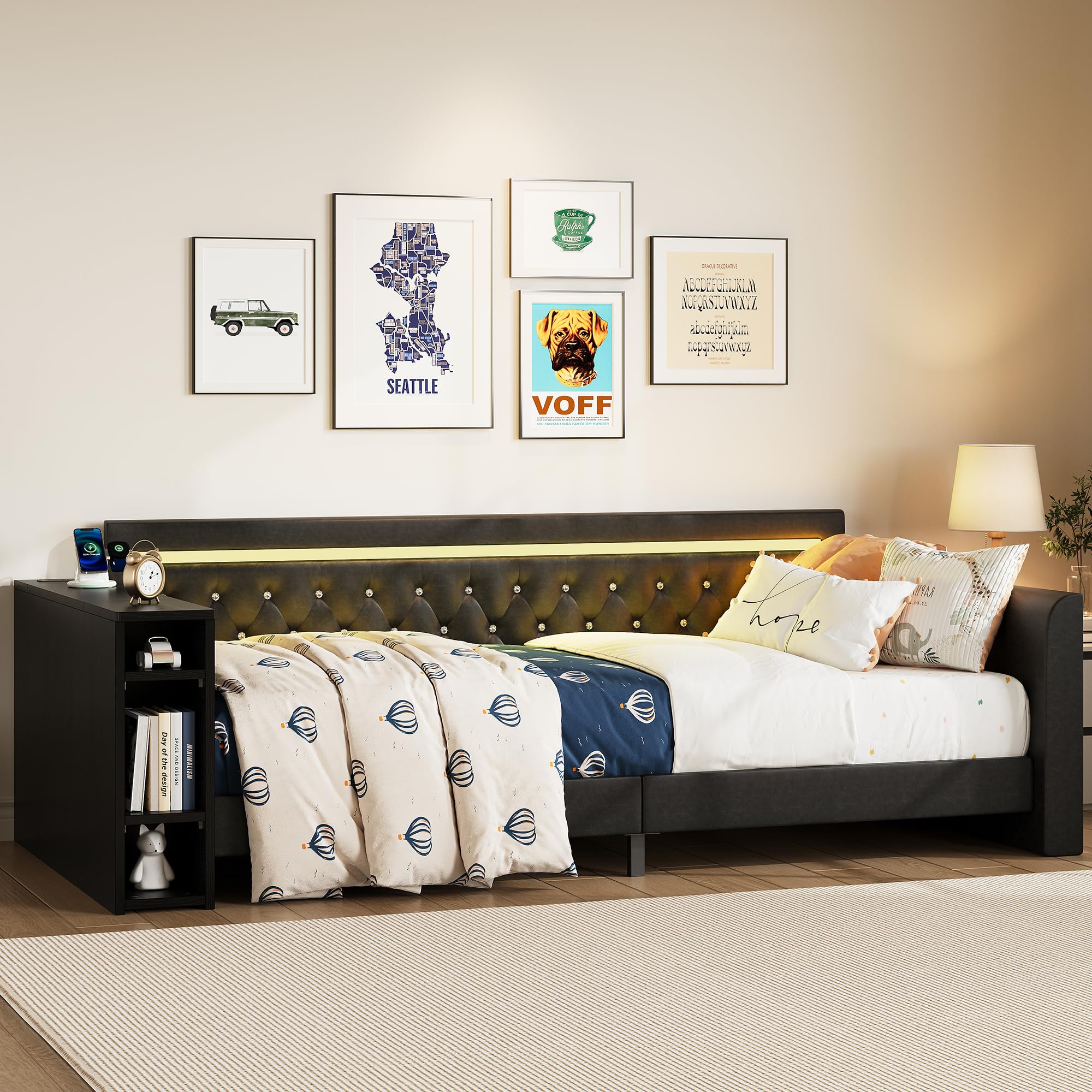 Daybed with Storage, Twin Day Bed Frame with Charging Station & LED, Sofa Bed