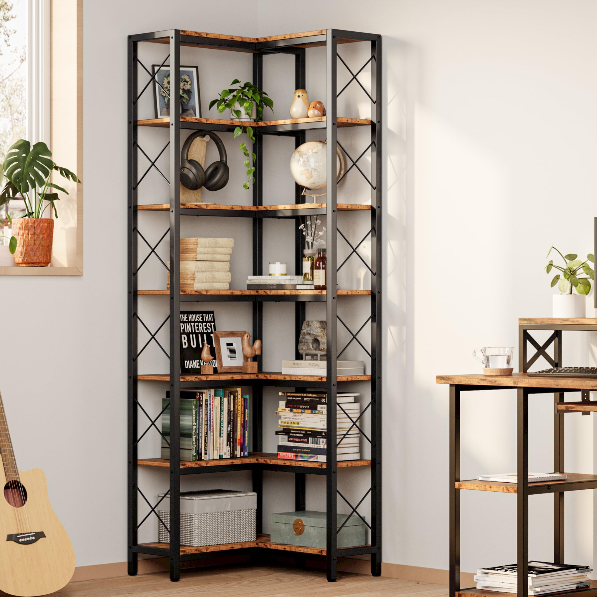 Corner Bookshelf, 7-Tier Industrial Corner Bookcase