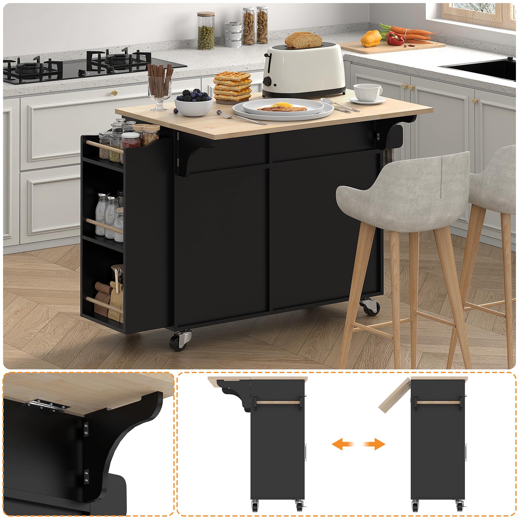 Bigbiglife Rolling Kitchen Island with 2 Drawers, Island Table for Kitchen with Drop Leaf, Kitchen Island Cart with Trash Storage Cabinet, Mobile Buffet Cabinet for Kitchen, Dining Room, Living Room
