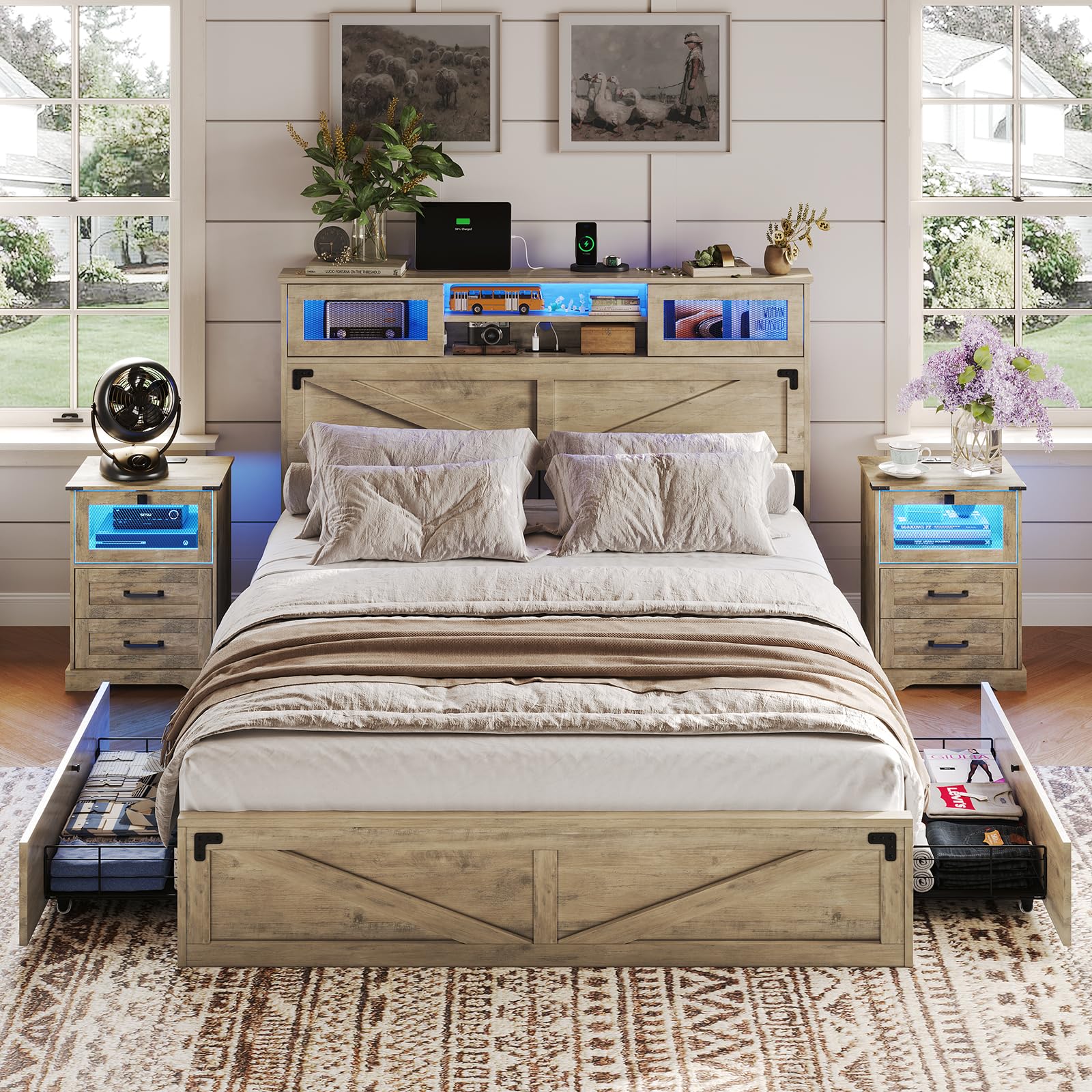 Farmhouse Bed Frame Queen Size with Bookcase Headboard and 2 Drawers