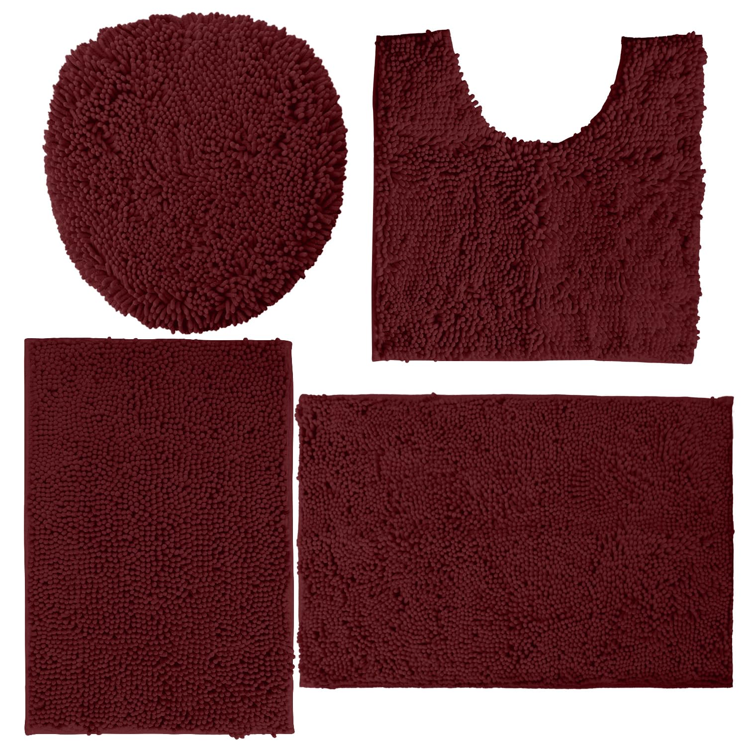 LuxUrux 4-Piece Bathroom Rug Set - Soft Chenille Mats, Non-Slip Toilet Mat & Lid Cover for Comfort & Style (20x20 U, 16x24, 20x30 & 19x19 inches, Burgundy)
