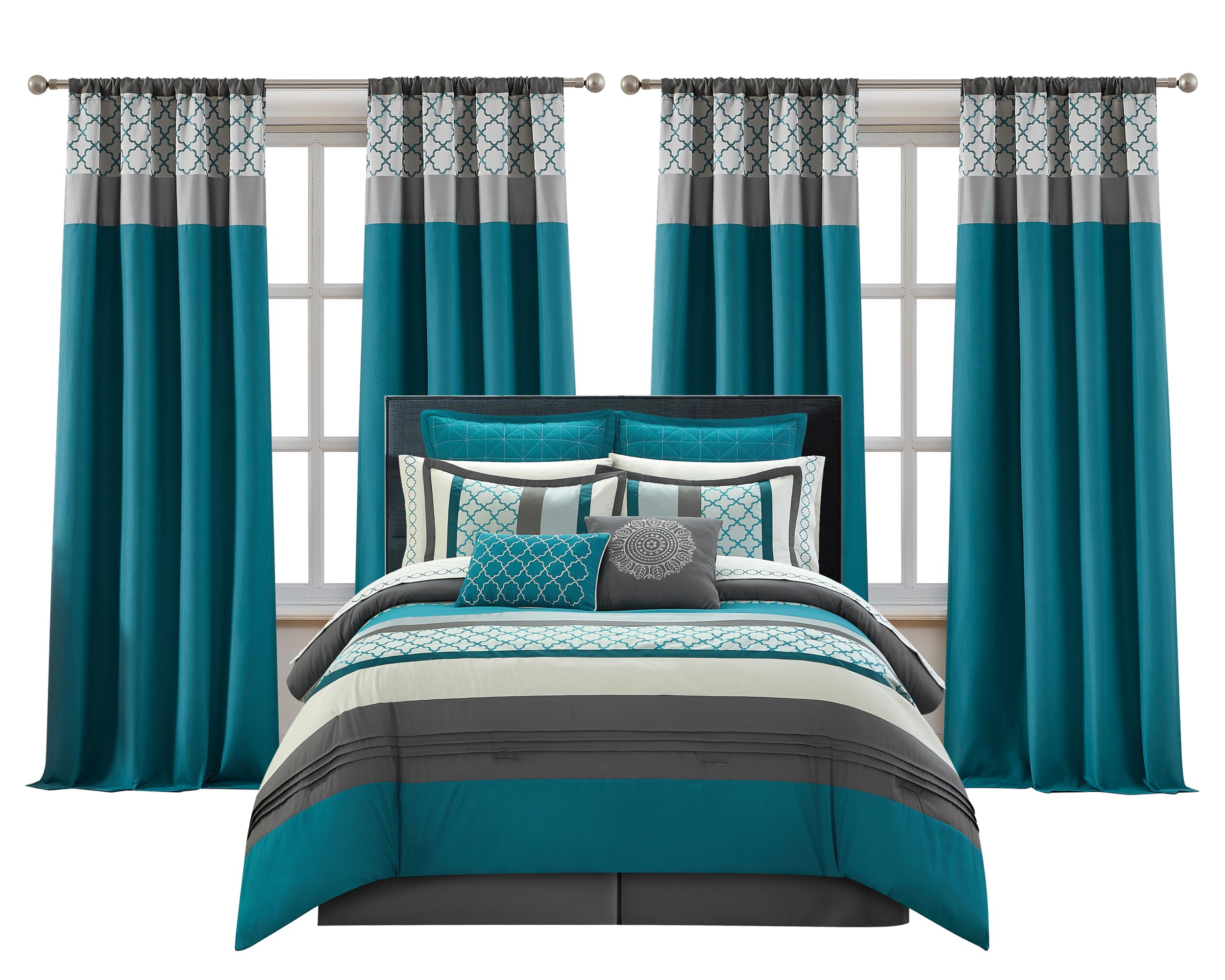 King Comforter Set, Grey Bedding Set, Jacquard Woven with Geometry