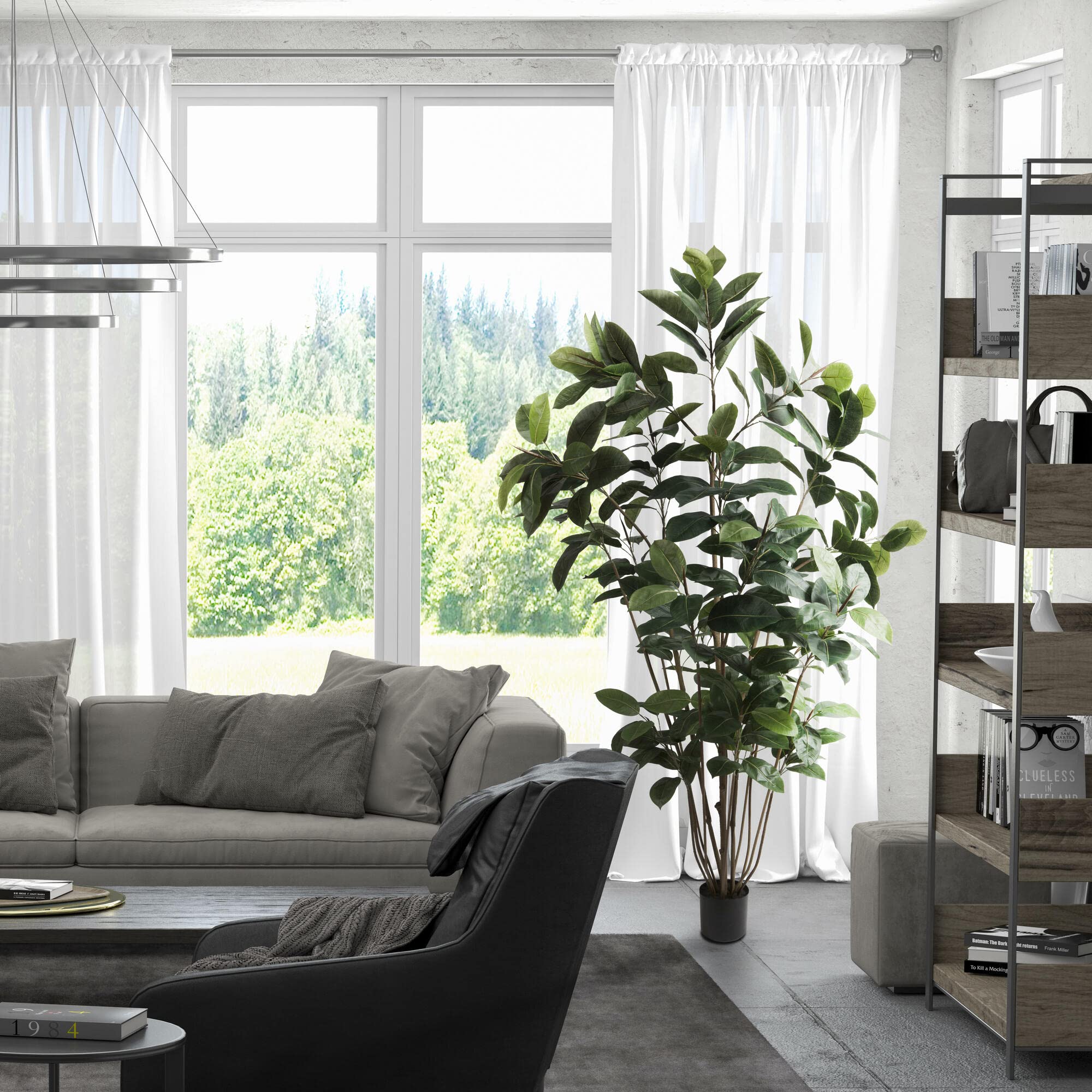 7' Potted Artificial Green Rubber Tree - Large Faux Indoor Plant with 148 Realistic