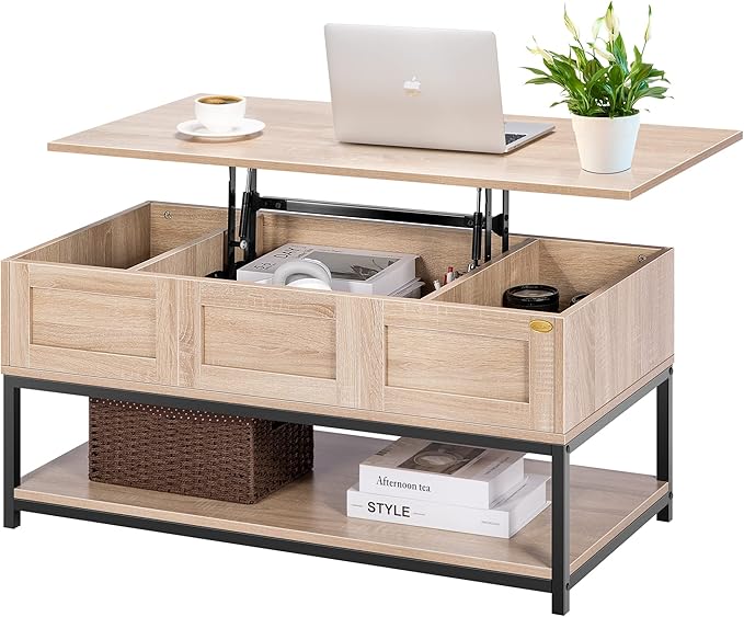 Lift Top Coffee Table with Steel Frame, Dining Table with Open Storage and Hidden