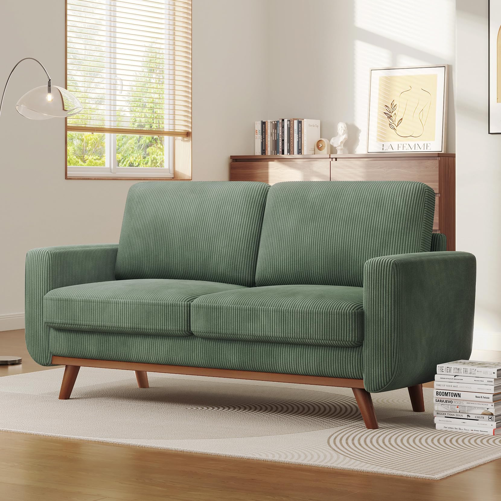 68" Loveseat Sofa - Green, Comfy Corduroy with Spring Cushion for Living Room