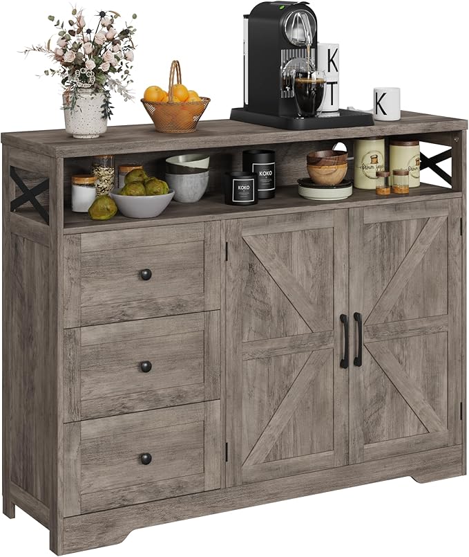 Farmhouse Buffet Cabinet with Drawers & Open Shelf, Sideboard with Storage, Kitchen