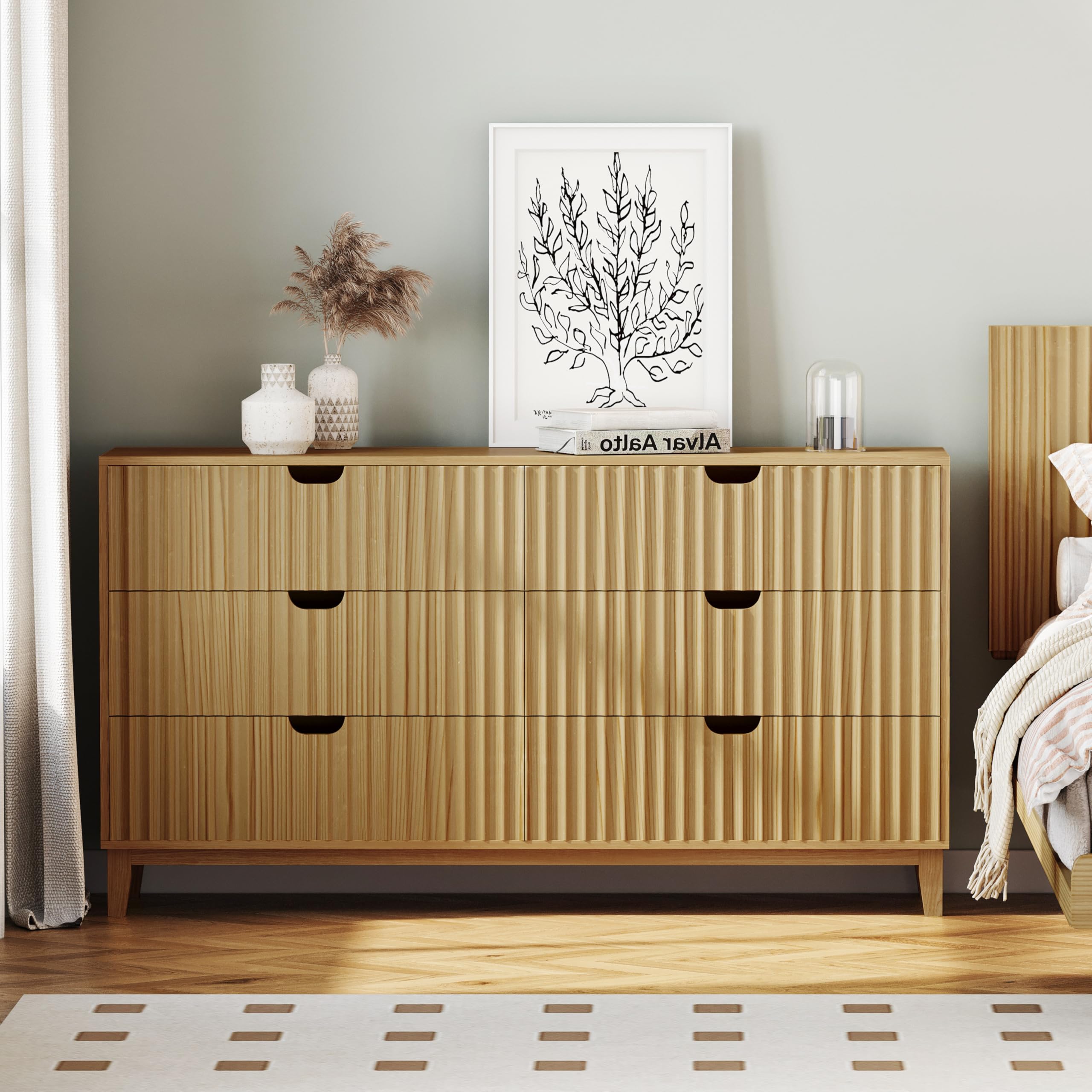 Fluted Dresser for Bedroom 6 Drawer, 58" Wide Large Wood Dresser, Chest of Drawers