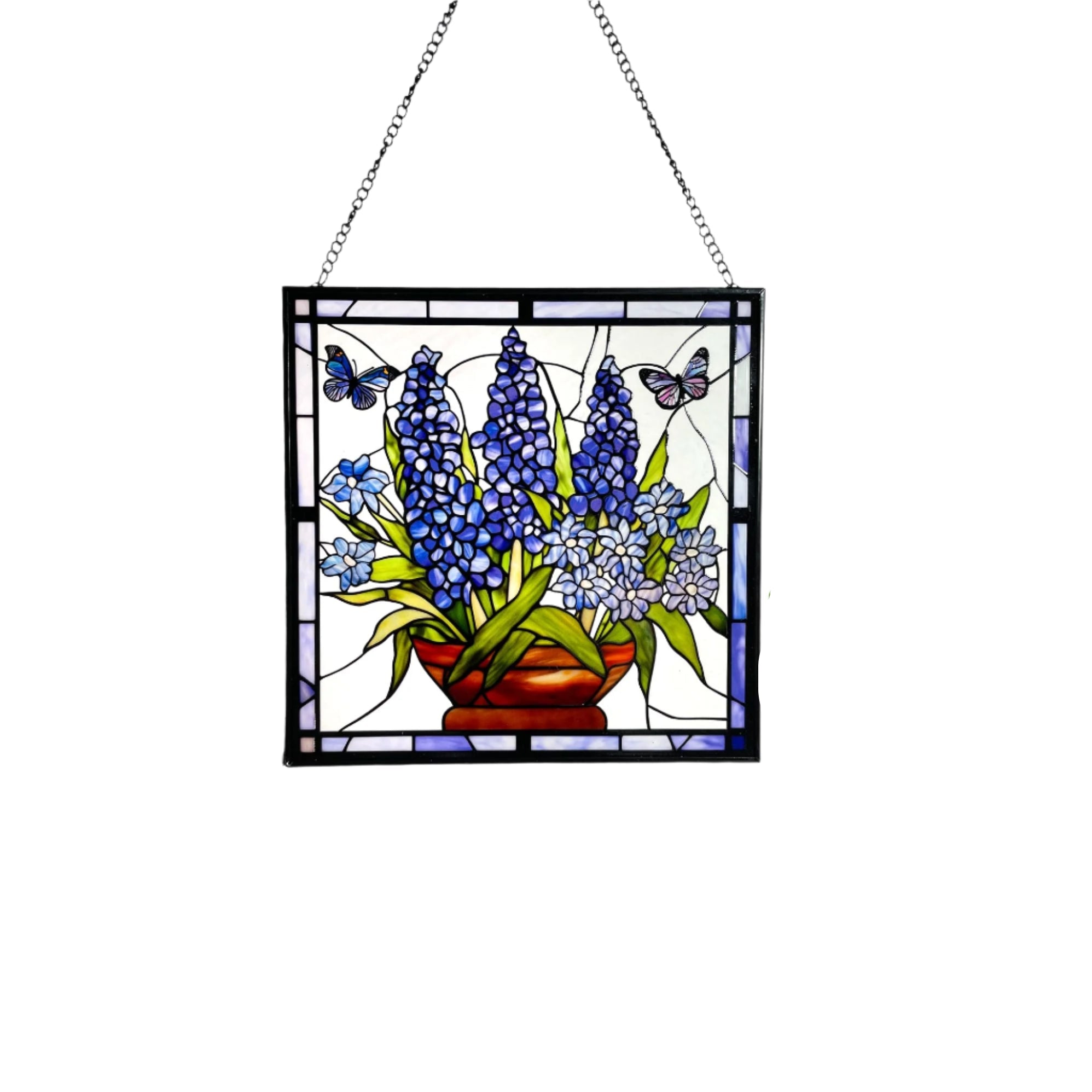 Bluebonnet Blue Iris Flower and Butterfly Stained Glass Panel Suncatcher Square