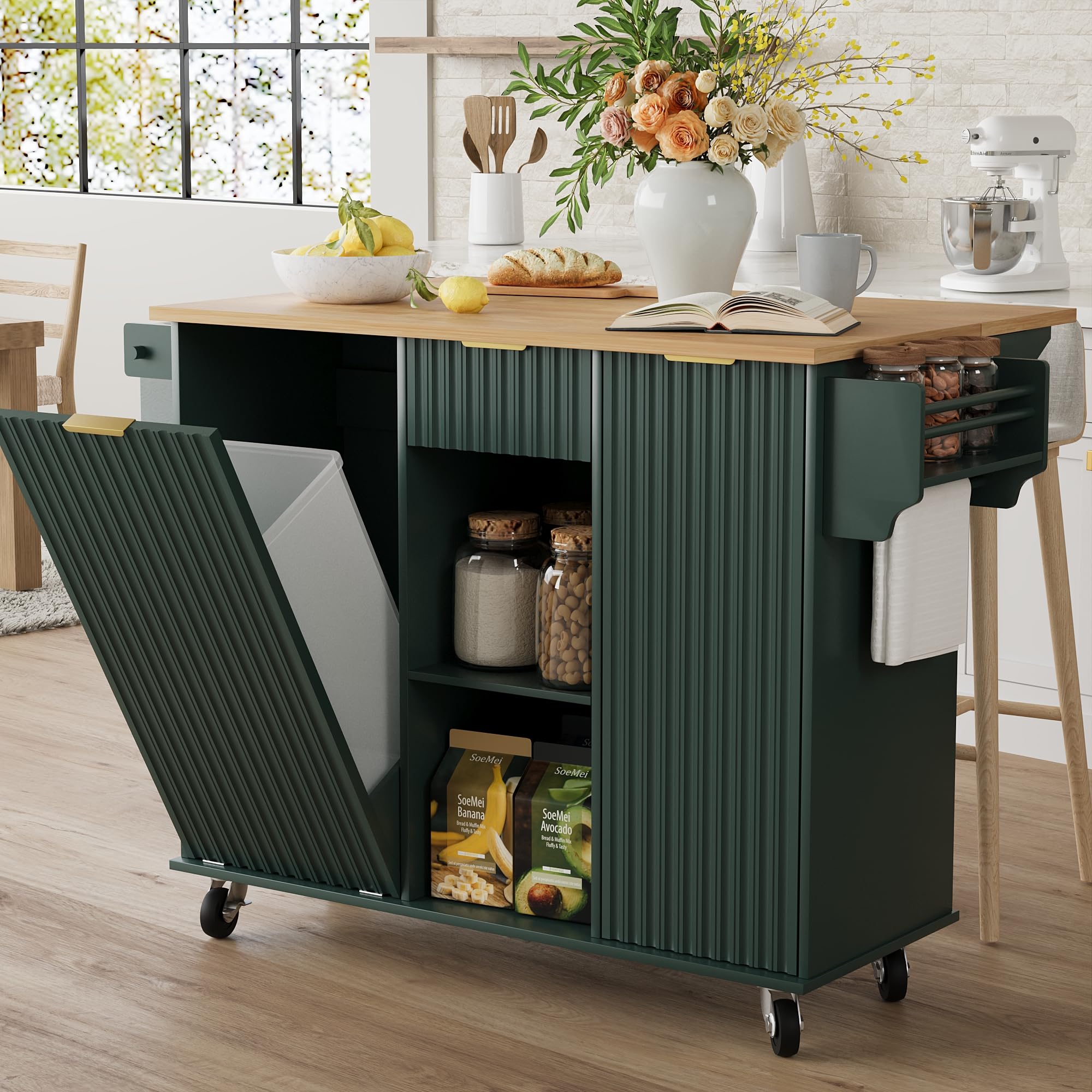 win2win Rolling Kitchen Island with Trash Can Storage, Portable Kitchen Island with Drop Leaf, Modern Farmhouse Kitchens Cart on Wheels with Fluted Design, Towel Rack, Spice Rack, Olive Green