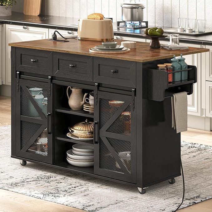 Kitchen Island with Storage, Kitchen Cart with Charging Station
