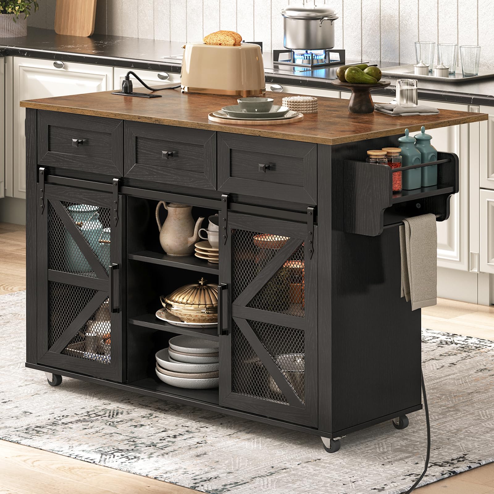 RALGEND Kitchen Island with Storage, Kitchen Cart with Charging Station, Rolling Kitchen Island Table with Drop-Leaf, 3 Drawers, Barn Doors, Towel Rack and Spice Rack, Black and Rustic Brown