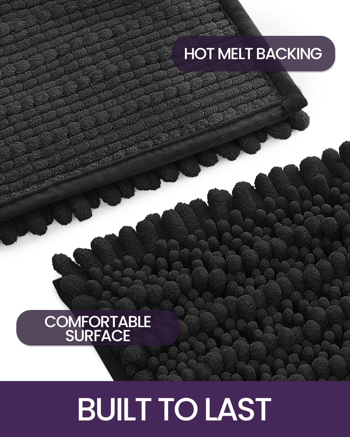 DEXI Bathroom Rug 24x43, Super Soft Thick Chenille Absorbent Bath Mat, Non Slip Machine Washable Fluffy Shag Bathmat for Tub, Shower Floor, Black