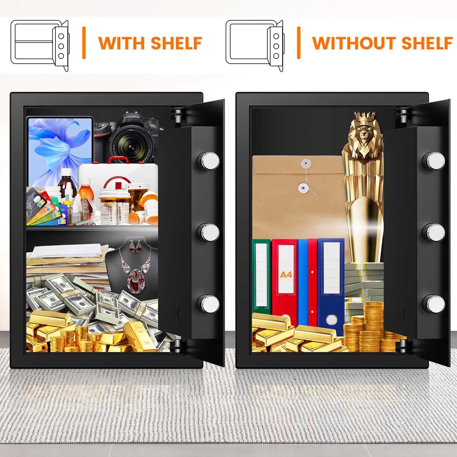 3.3 Cub Large Fireproof Safe for Home Use, Digital Home Safes Water and Fireproof with Backup Keys and Alarm System, Anti-Theft Fire Proof Safe Box for Home Office