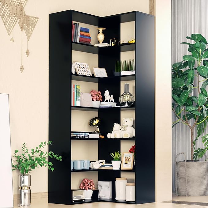 71" Tall Black Corner Bookshelf, 6 Tier L-Shape Corner Shelf Stand