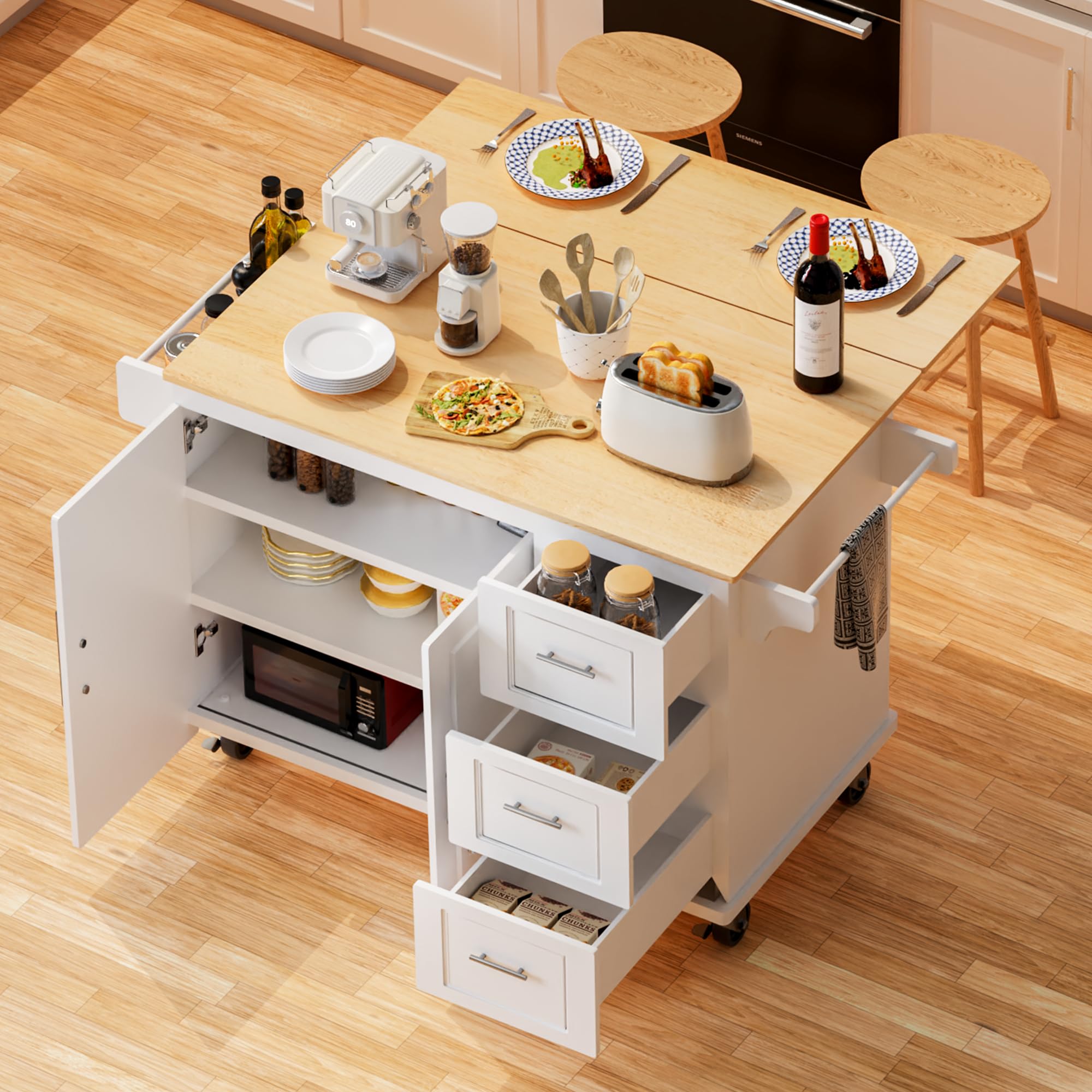 Kitchen Island 54" Large Rolling Kitchen Island Cart On Wheels with Drop Leaf Breakfast
