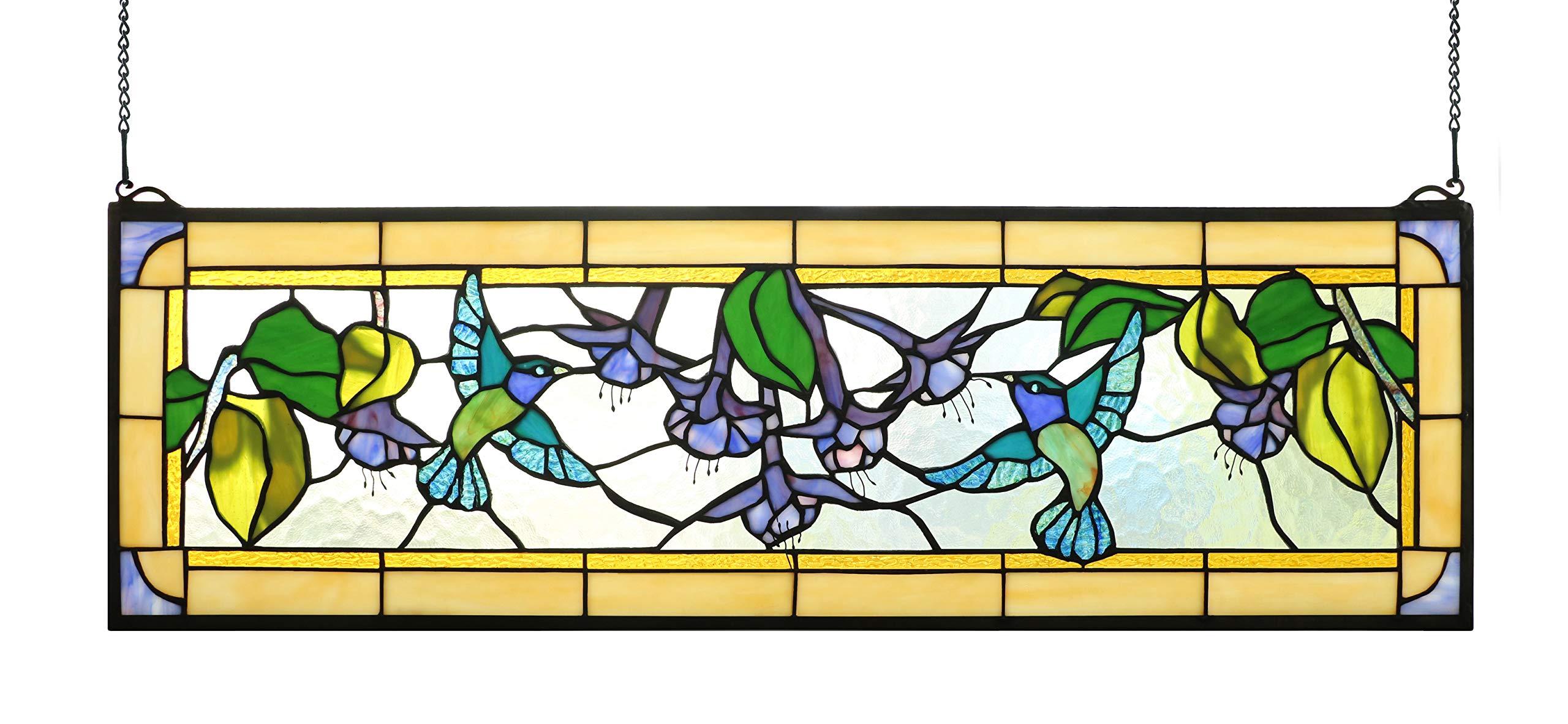Tiffany Style Stained Glass Hummingbirds Fuchsia Horizontal Art Glass Panel 10" x 32"
