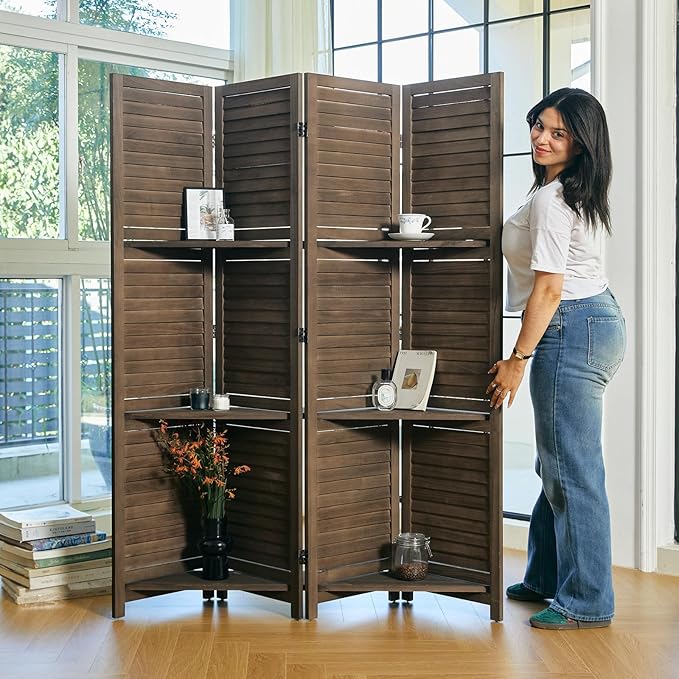 Room Divider with Shelves, 68.9inch Wood Carved and Louvered Wall Divider