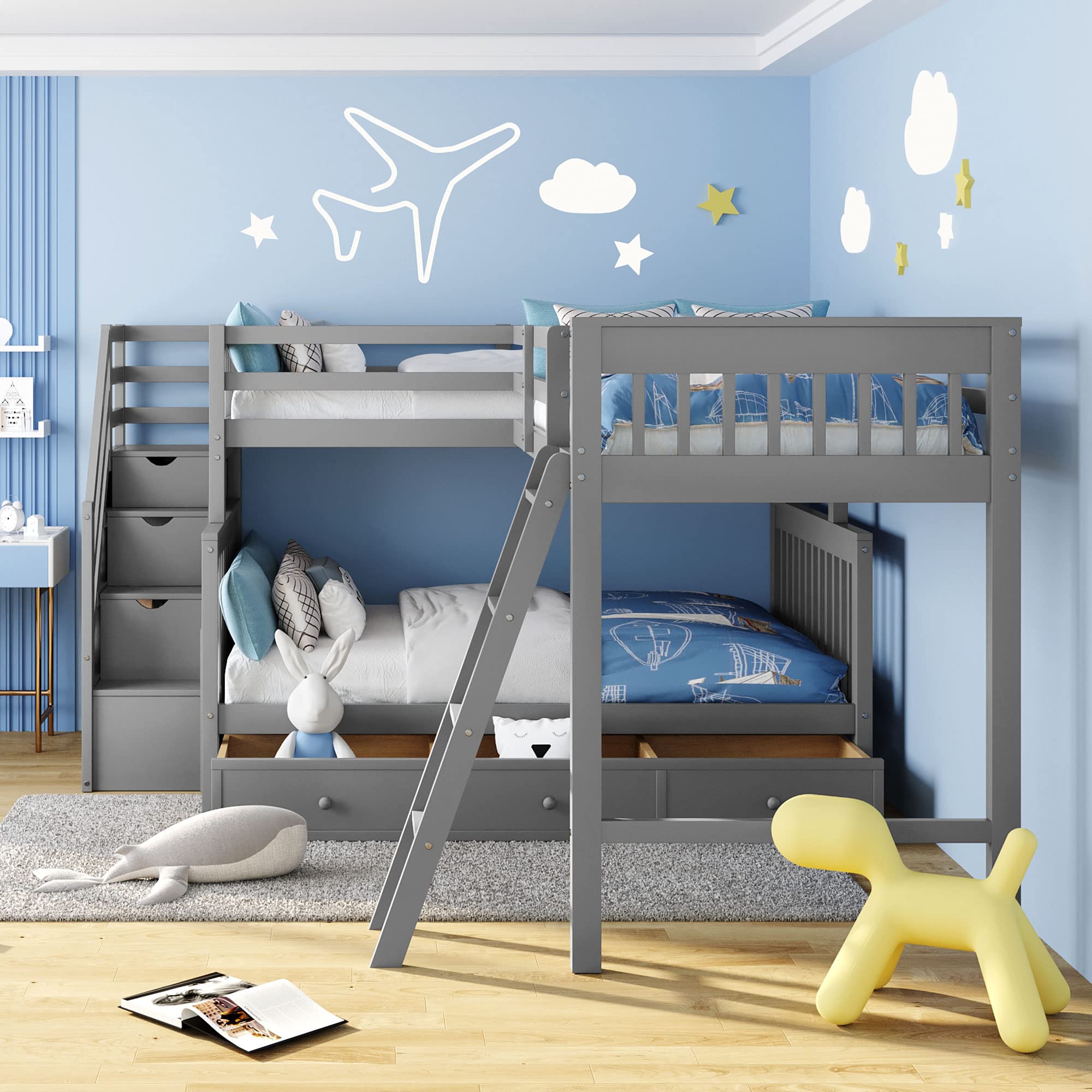 Twin Over Full L-Shaped Triple Bunk Bed for Kids