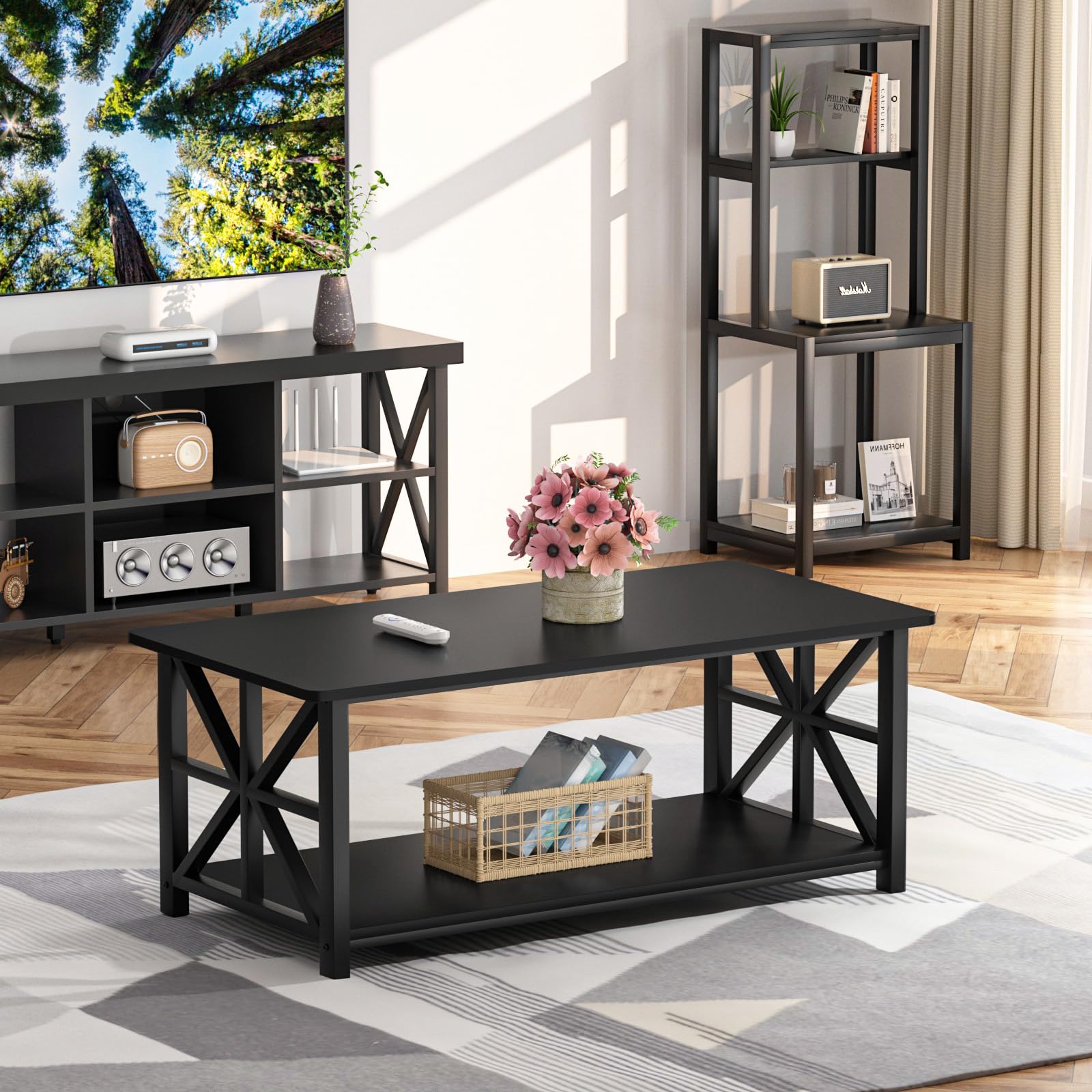 Coffee Table with Round Corner, Farmhouse Center Table with 2-Tier Storage