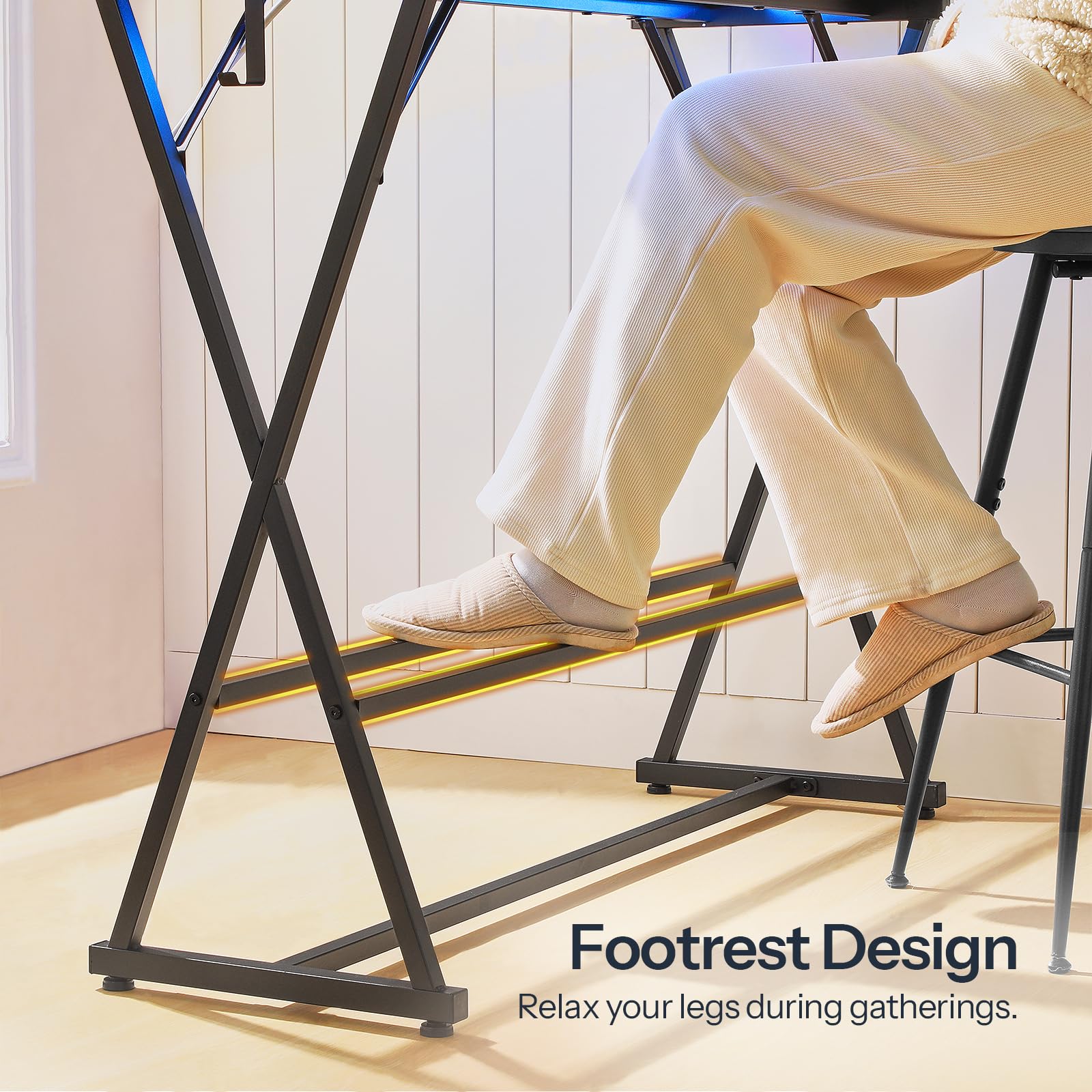 HOOBRO Bar Table,47.1" Rectangular Pub Table,Tall Counter Bar Height Table with LED Light and Glass Decoration, Modern Dining Table Footrests, for Dining Room, Pub, Tavern, Black BB68DBT01