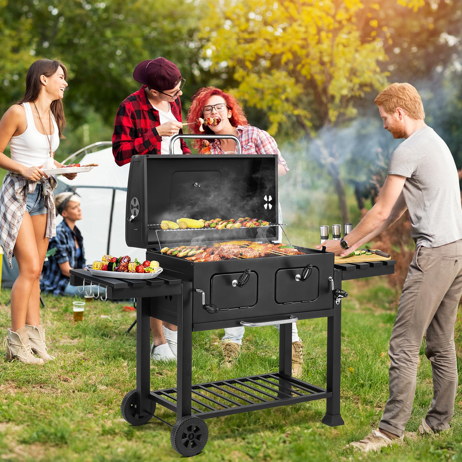 Charcoal Grill with Two Foldable Side Tables, Extra Large Cooking Area of 794 SQIN